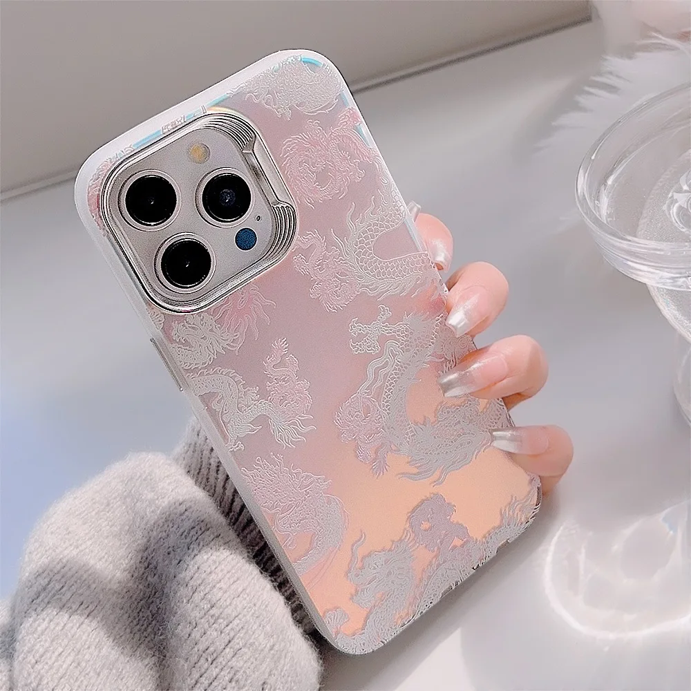 2024 Pink Dragon Pattern Matte Laser Gradient Phone Case For iPhone 15 14 13 12 11 Pro MAX duricrust Shockproof Cover