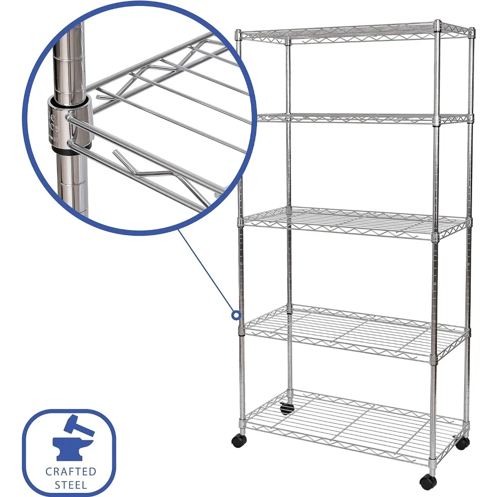 كلاسيكيات-رفوف سلكية من 5 طبقات بعجلات ، طلاء كروم ، فولاذ مطلي ، 30 "W x 14" D ، طراز جديد