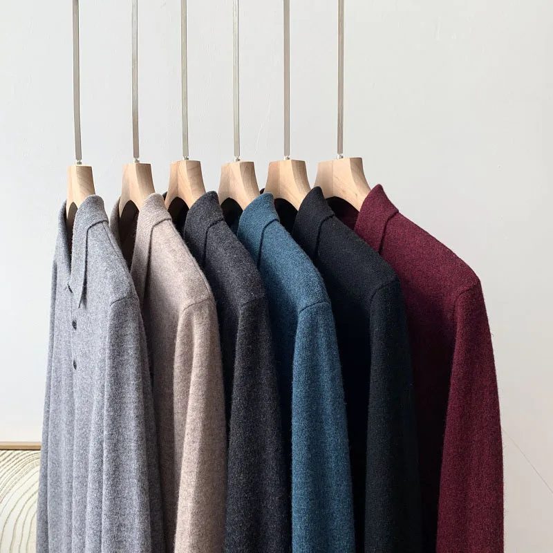 เสื้อถักคอปกขนแกะเมอริโนออสเตรเลียระดับพรีเมียมลำลองผู้ชาย Busin Casual Faion Ci Sle Long Sve Straight Fit