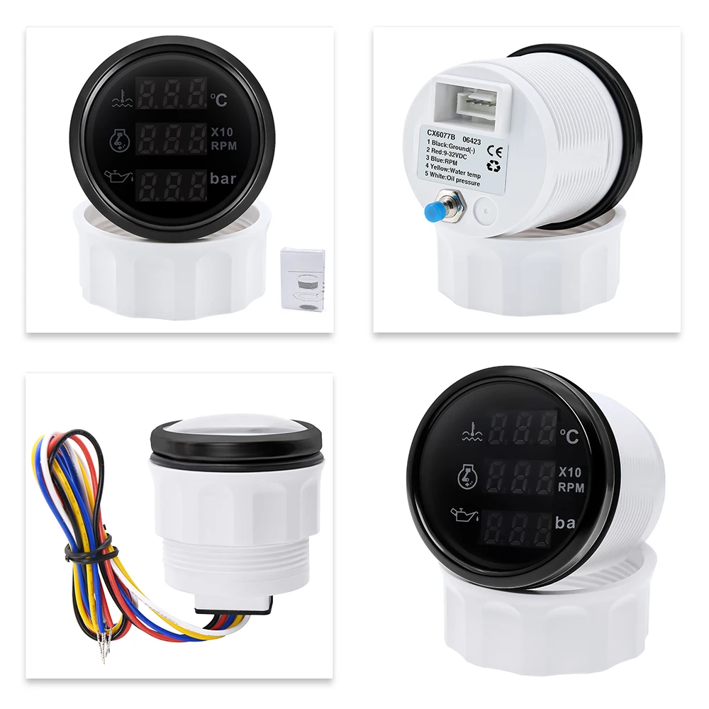 Blue LED Digital 52mm Gauge 3 IN 1 Multifunctional Water Temperature Gauge Tachometer Oil Pressure Meter with Sensor Alarm 9-32V