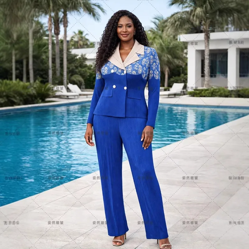 

Miyake Pleated African Plus Size Women Color-Block Double-Breasted Casual Blazer Simple Stretch Straight Fold Pants 2-Piece Set