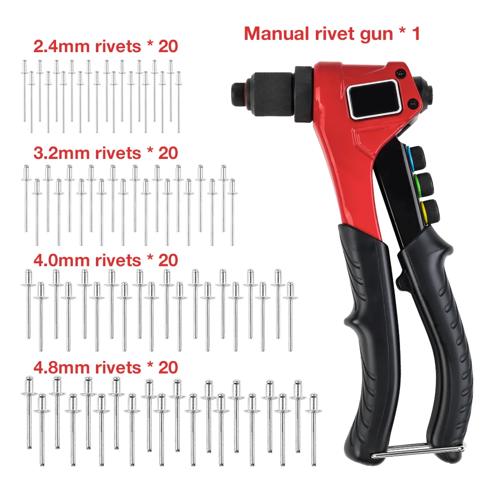 برشام يدوي 2.4 مم/3.2 مم/4.0 مم/4.8 مم، بما في ذلك 80 قطعة برشام، أداة تثبيت برشام سريعة الإدخال للاستخدام المنزلي، برشام لاسلكي