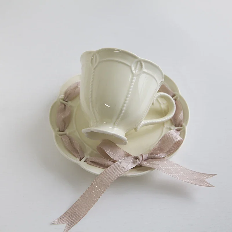 New Bone China Teacup Saucer Set Ceramic 200ml Tea Coffee Cup Colorful Ribbon Wedding Party Coffee Mug Drinkware
