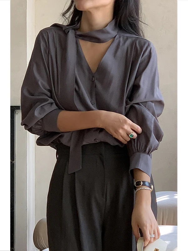 

Women's Long Sve V-Ne Chiffon irt Bow Design Spring Autumn New Sle Loose Fit Faionable Ele Casual Wear