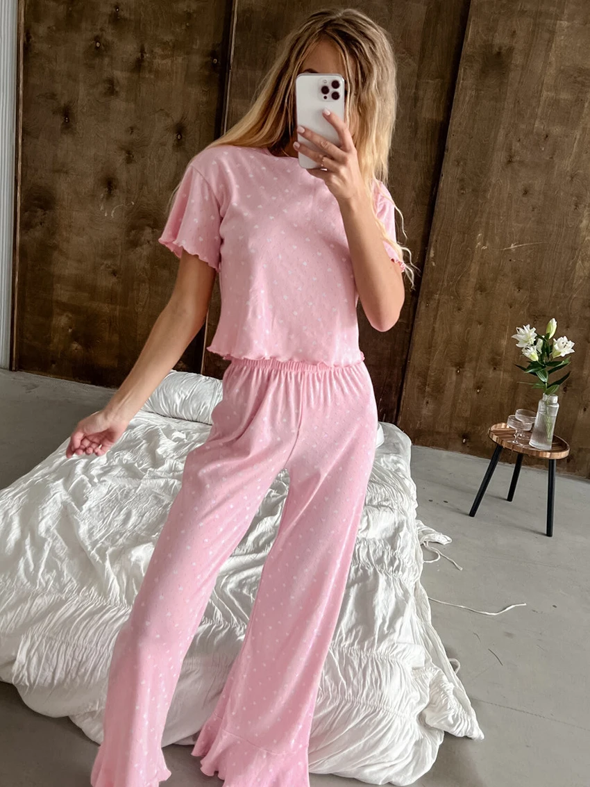 Marthaqiqi Pink Printing Ladies Nightwear Set O-Neck Sleepwear Short Sleeve Pajamas Crop Top Nightgown Pants Causal Pyjamas Suit