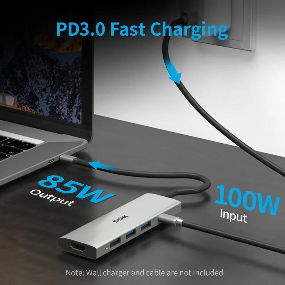 SSK USB C 허브 멀티 포트 어댑터, 맥북 아이패드 프로 에어 PC 액세서리용, USB C-HDMI USB 3.0, 100W PD 어댑터, 4K, 60Hz