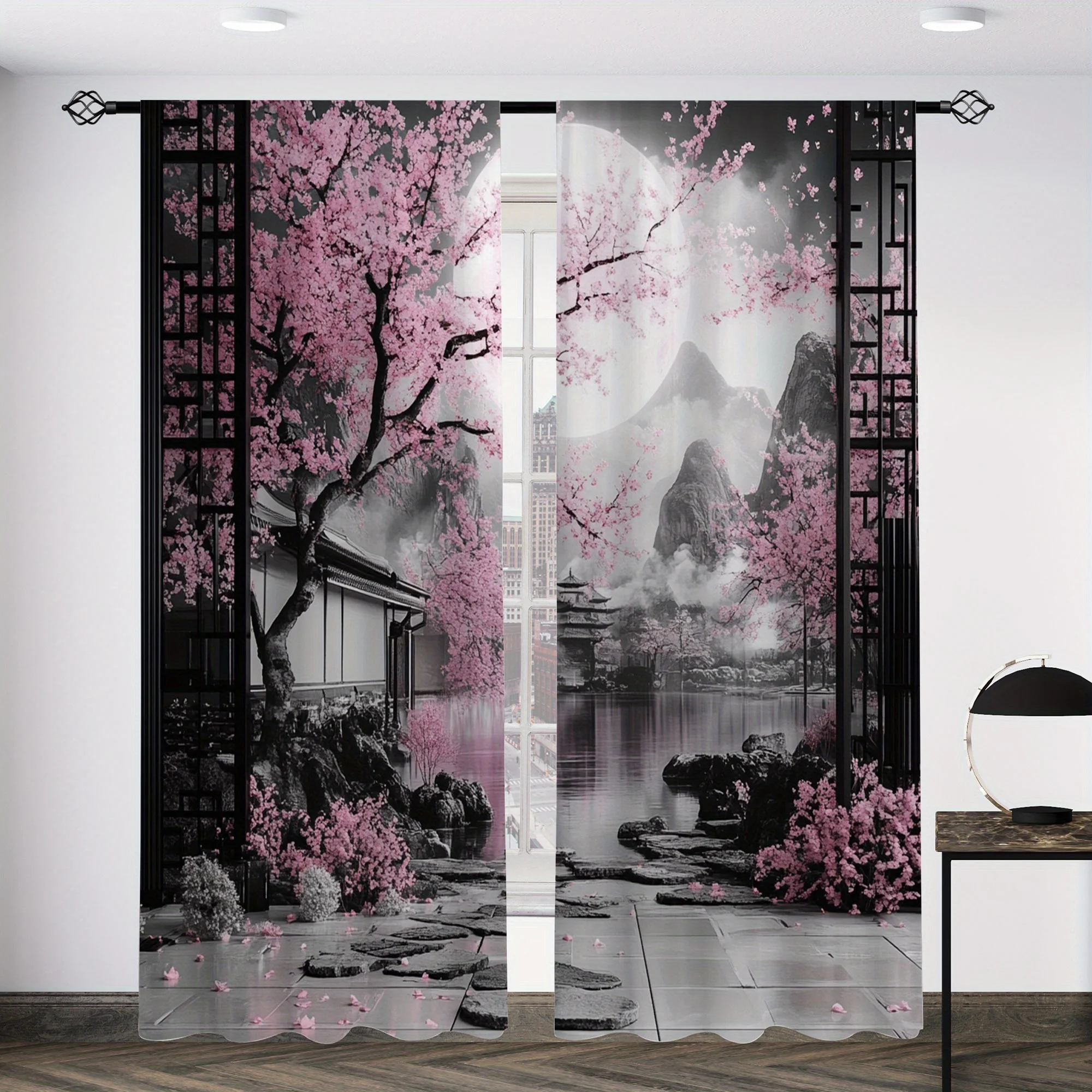 Luxury Japanese Sakura Blossom Print Curtains Window Panels Zen Garden Asian Style Home Decor Sliding Room Window Curtains