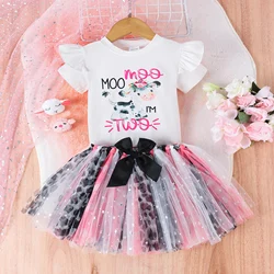 2PCS Summer 1-3 Years Old Trend Fashion Baby Girl Universal Comfortable Soft Cow Pattern Cute Top + Gauze Skirt