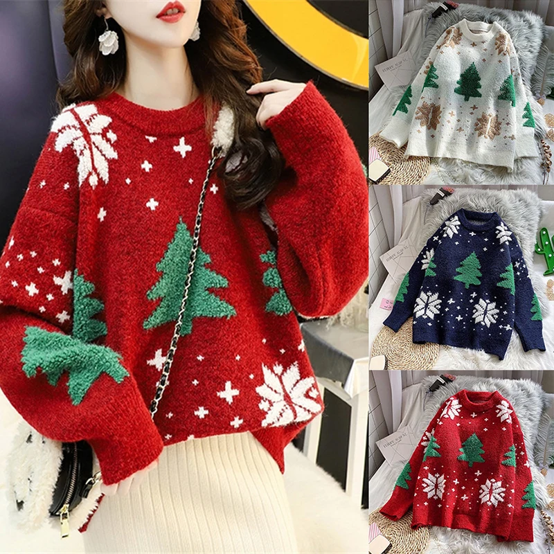 Autumn/Winter New Thickened Color Blocked Christmas Sweater Women Snowflake Tree Pattern Loose Round Neck Lazy Style Tops