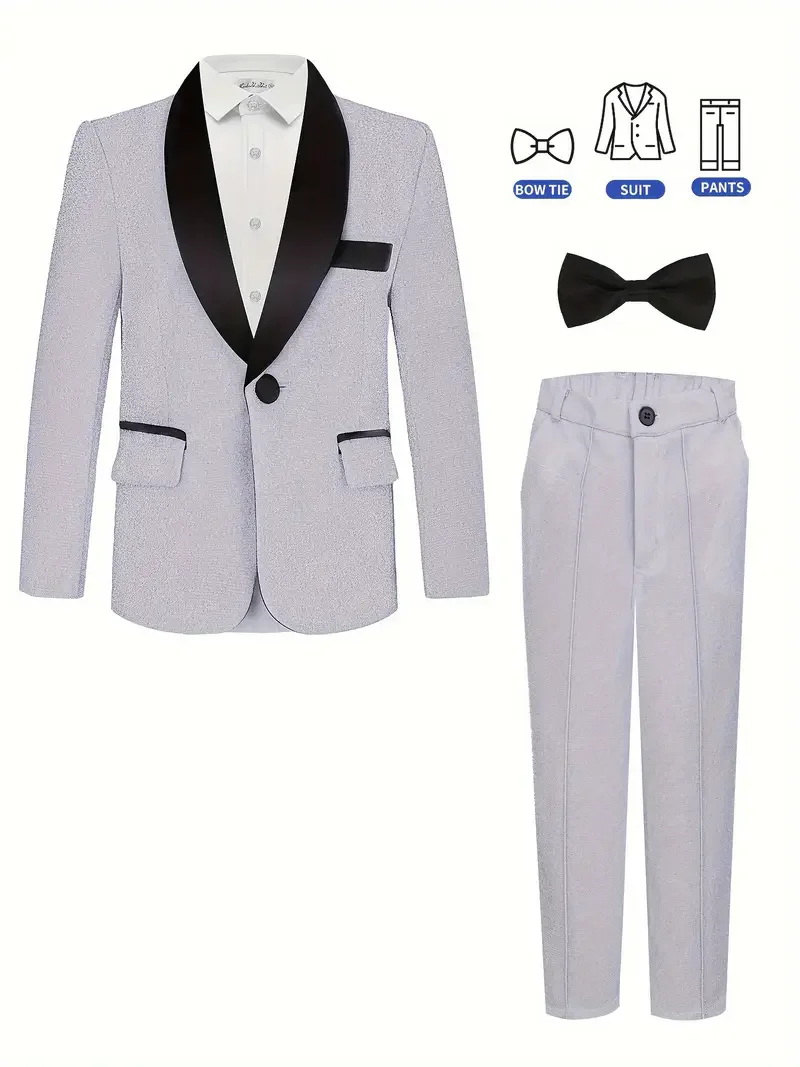 Kids Formal British Style Jacket Pants Bowtie 3pcs Wedding Suit Boys Piano Host Performance Costume Children's Blazer