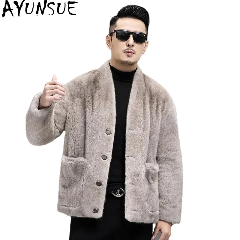 AYUNSUE Real Mink Fur Coats for Men Winter Jackets 2025 Warm Mens Fur Coat Fashion Vneck Pockets Mink Fur Jacket High-end SGG860