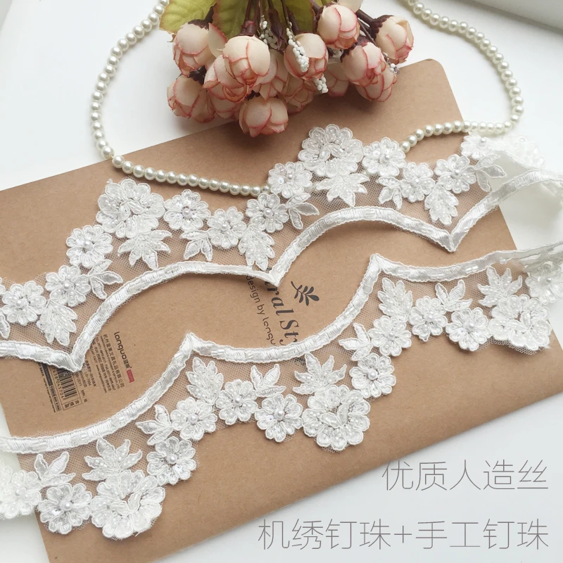 

Simple Elegant Floral Embroidery Nail Bead Lace Trim Boards Vintage Flowers With Pearls