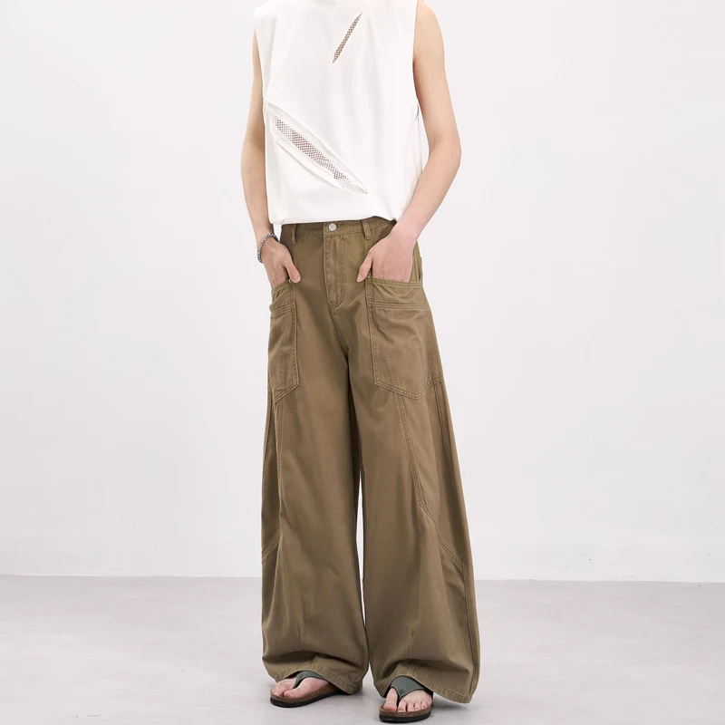 Brown Chic Loose Men's Casual Pants Design With Patchwork Side Pockets Loose Casual Wide Leg Workwear Curved Trousers