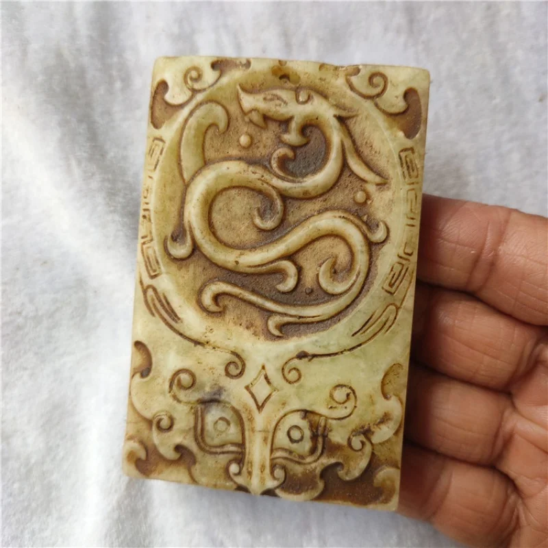 Supply Antique Miscellaneous Antique Old Crafts Xiuyan Jade Double-Sided Work Auspicious Beast Dragon Brand Antique Pendant Whol