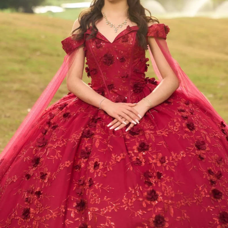 

Shiny Red Quinceanera Dress off-shoulder Glitter Lace Decal 3D Flower Long tail vestidos de 15 Quinceanera ﻿Customize