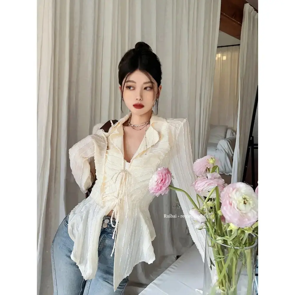 Apricot Color Chiffon Sunscreen Shirt Women Spring Slim Long Sleeved V-neck Asymmetrical Niche Lacing Comfortable All-match Tops