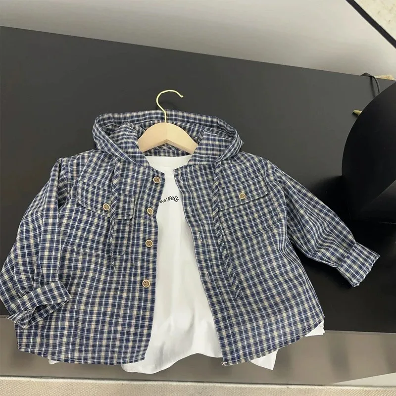 

Children's Coat Spring and Autumn Boys and Girls Hooded Plaid Shirt Korean Version Baby Casual Hooded Top