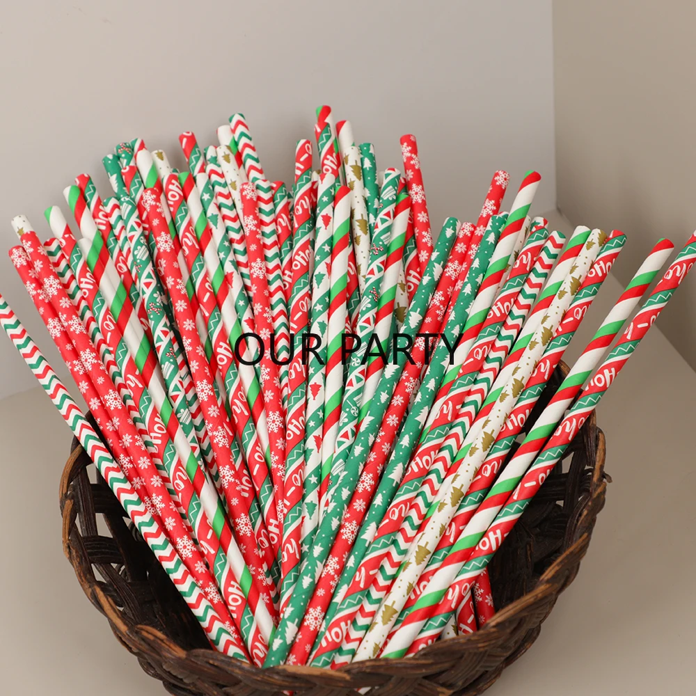 50Pcs Christmas Disposable Paper Straws Snowflake Juice Drinking Straw for Merry Christmas Xmas New Year Party Decorations