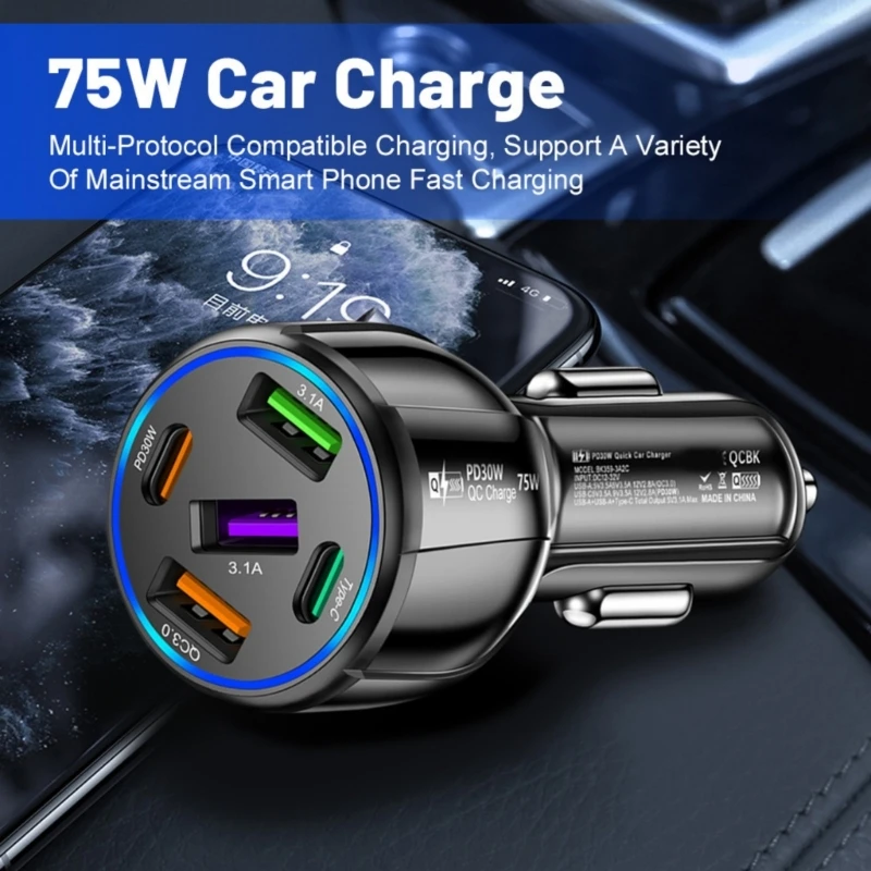 90W Multiple Device Car Chargers with Two PD and QC3.0 Port for Quick Charging of Smartphones Tablets and More F19E