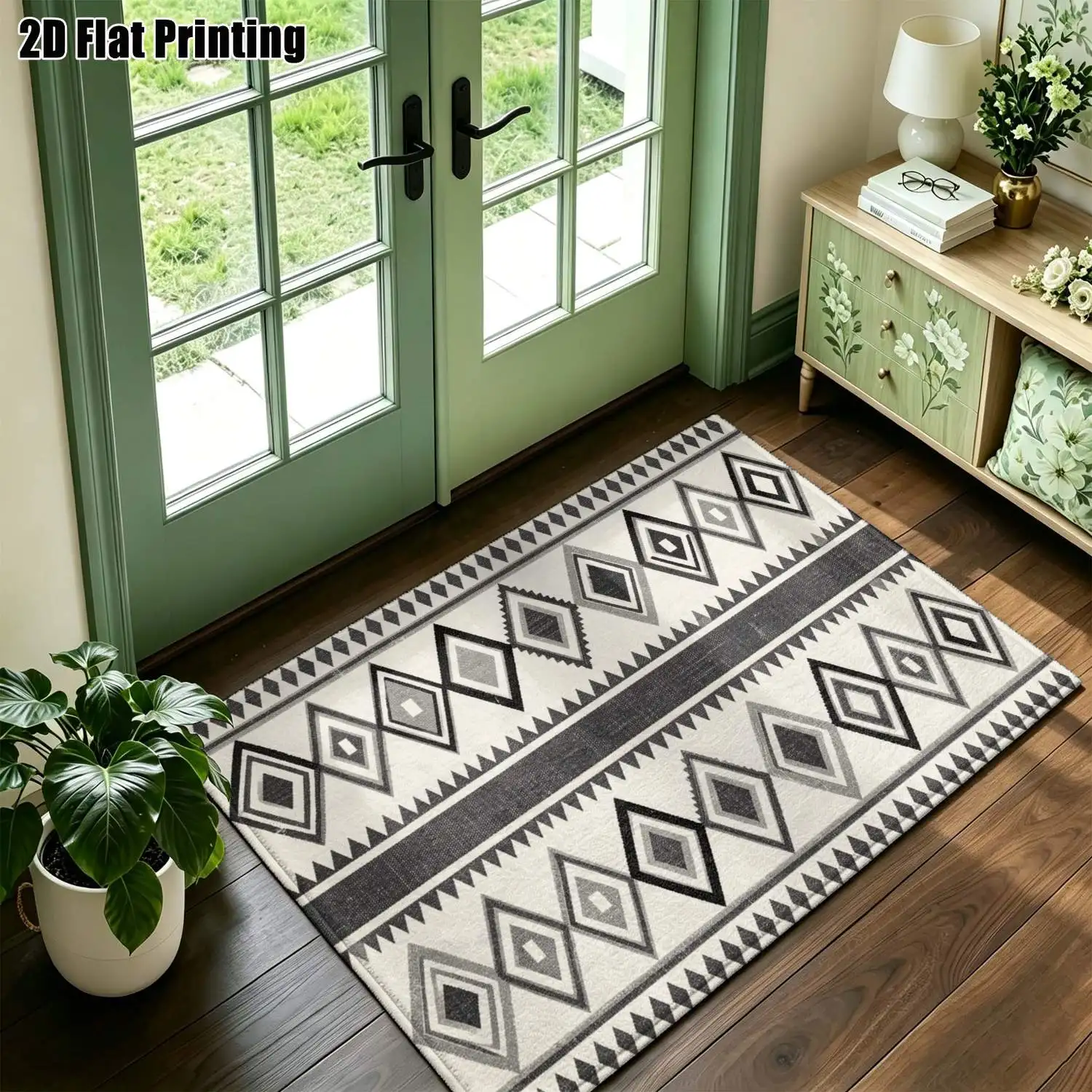 1Pc 2D Printed Black White Geometric Diamond Pattern Carpet Nordic Modern Minimalist European Bohemian Style, Multi-Size Machine Washable, for Entrance Dining Bedroom Living Room Home Decor