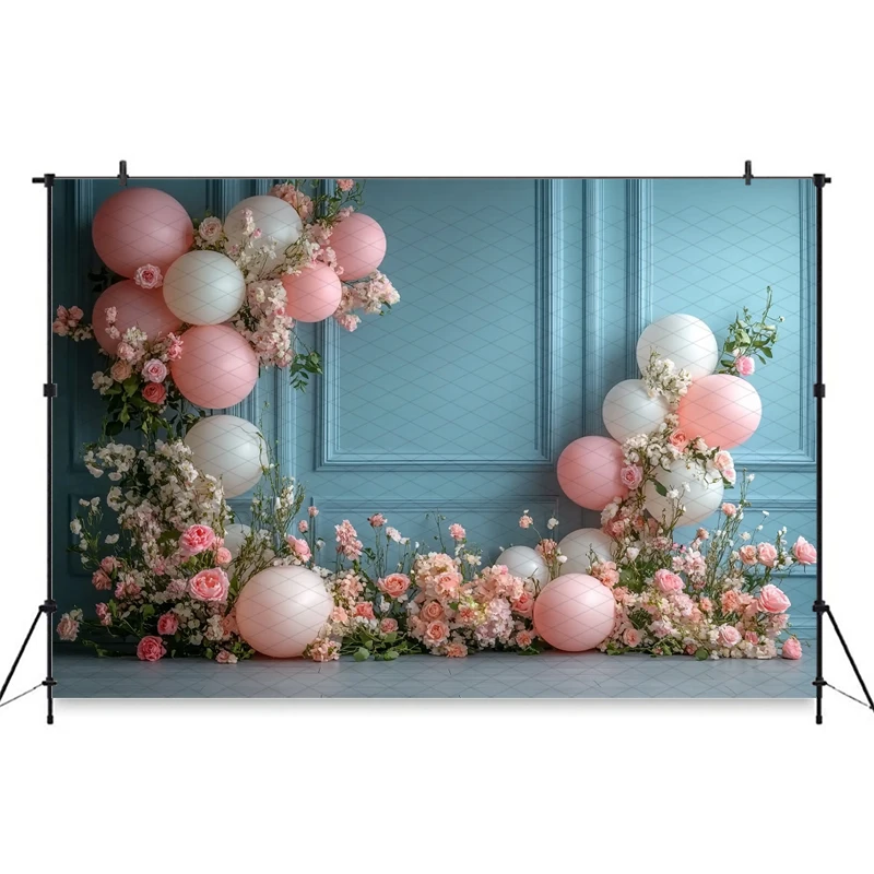 Mocsicka Spring Backdrop Pink Rose Flower Balloon Light Blue Wall Wedding Decorations Kids Birthday Party Photography Background