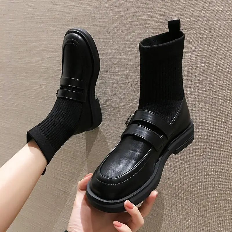 

Women's Black Round Toe Loafers 2025 Autumn Winter Knit Elastic Socks Boots Retro Fashion Casual Comfortable Ankle