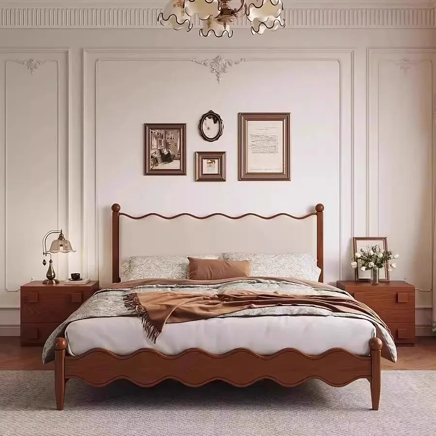 French retro master bedroom double solid wood bed wave ripple medium ancient soft bag bed meter 5 small apartment meter