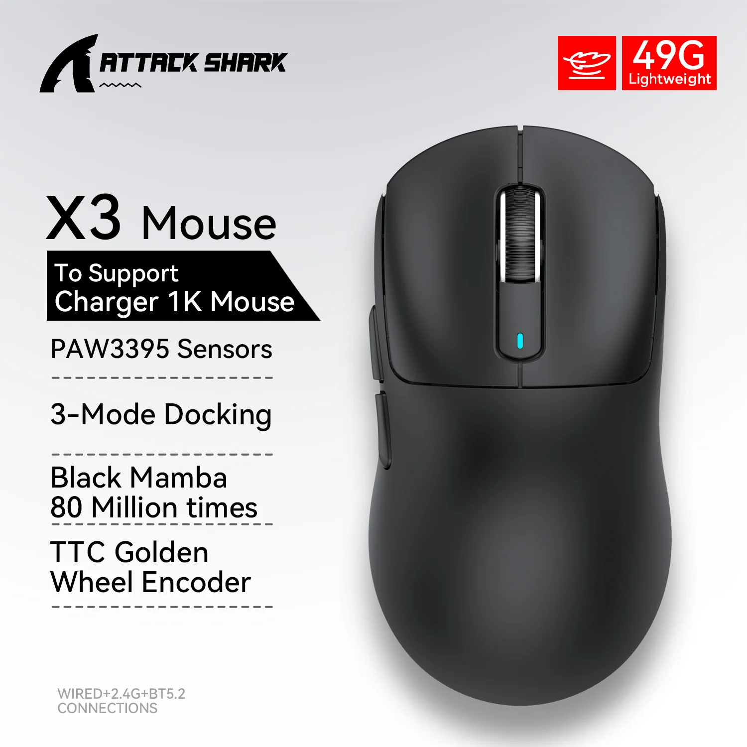 X3 ATTACK SHARK Bluetooth Mouse Wireless Red Color, PAW3395 1K Returns,Tri-Mode Connection, Macro Gaming Mouse