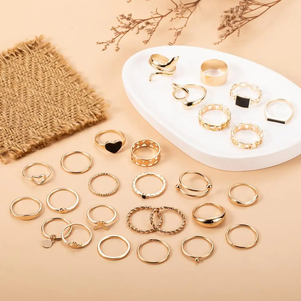 Lady Finger Jewelry Set 27 Pcs Women Ring Set Adjustable Geometric Heart Rings Retro Multi-shape Open Band Jewelry for Party