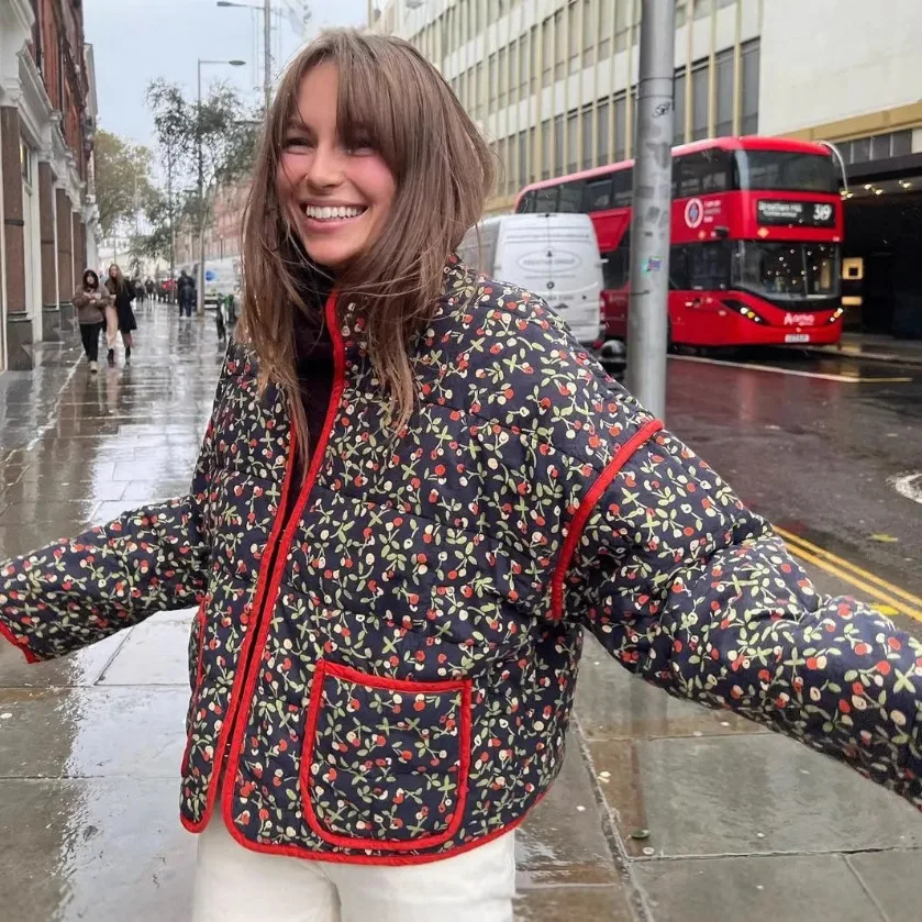 Chaqueta de mujer зимняя куртка женская осенняя с цветочным принтом тонкий карманный кардиган с украшением хлопковое пальто женский топ