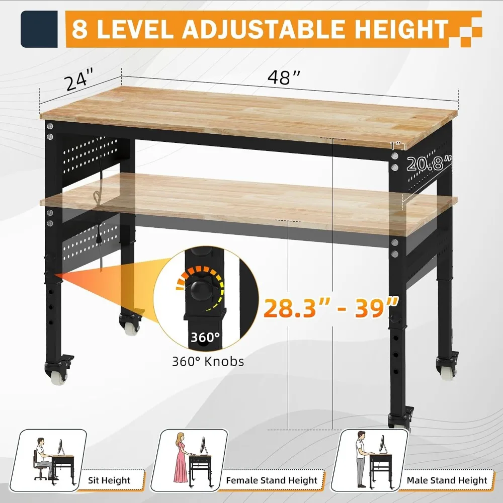 48 Inch Adjustable Height Heavy Duty Workbench with Power Outlets and Pegboard