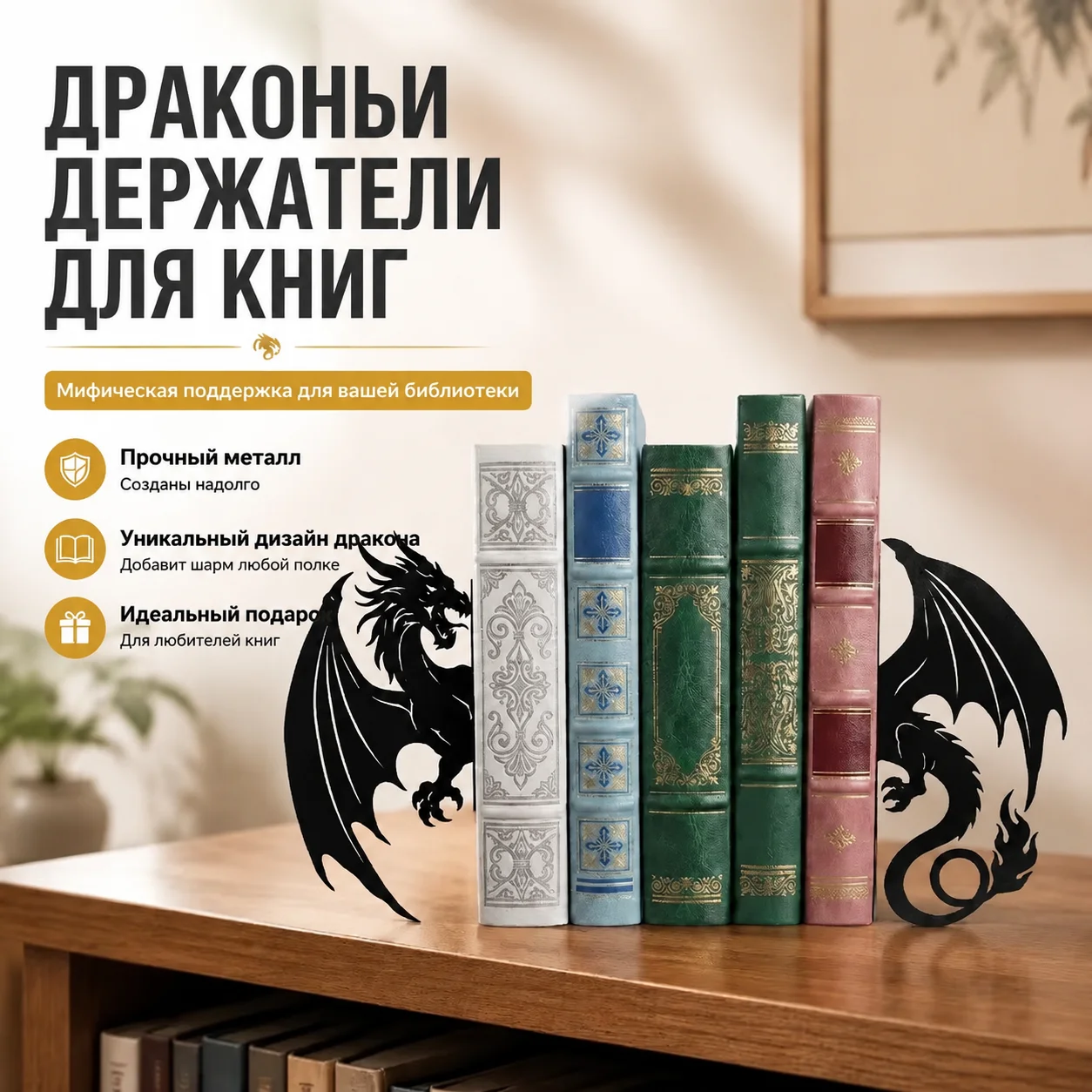 Dragon Shaped Metal Bookends Creative Desktop Ornament Heavy Duty Book Support Decorative Book Holder for Home Study Office