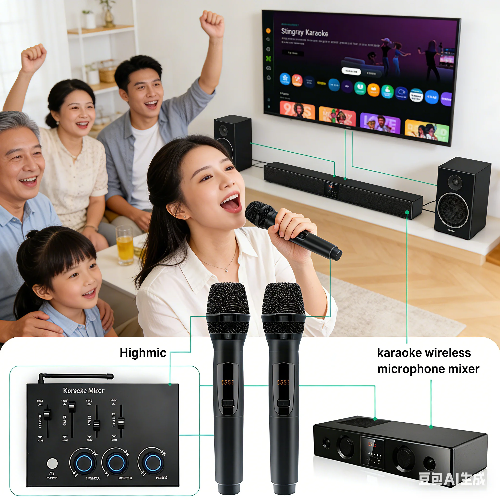 Home Theater Dual UHF Wireless Karaoke System, Microphone Karaoke Mixer, Karaoke Mixer Echo Reverb, HD Optical AUX for Smart TV