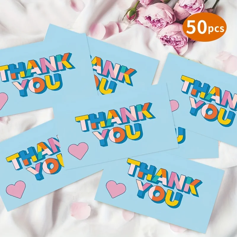 50pcs Colored Thank-you Cards with Blank Message on The Back, Suitable for Small Businesses, Customers, and Supporters
