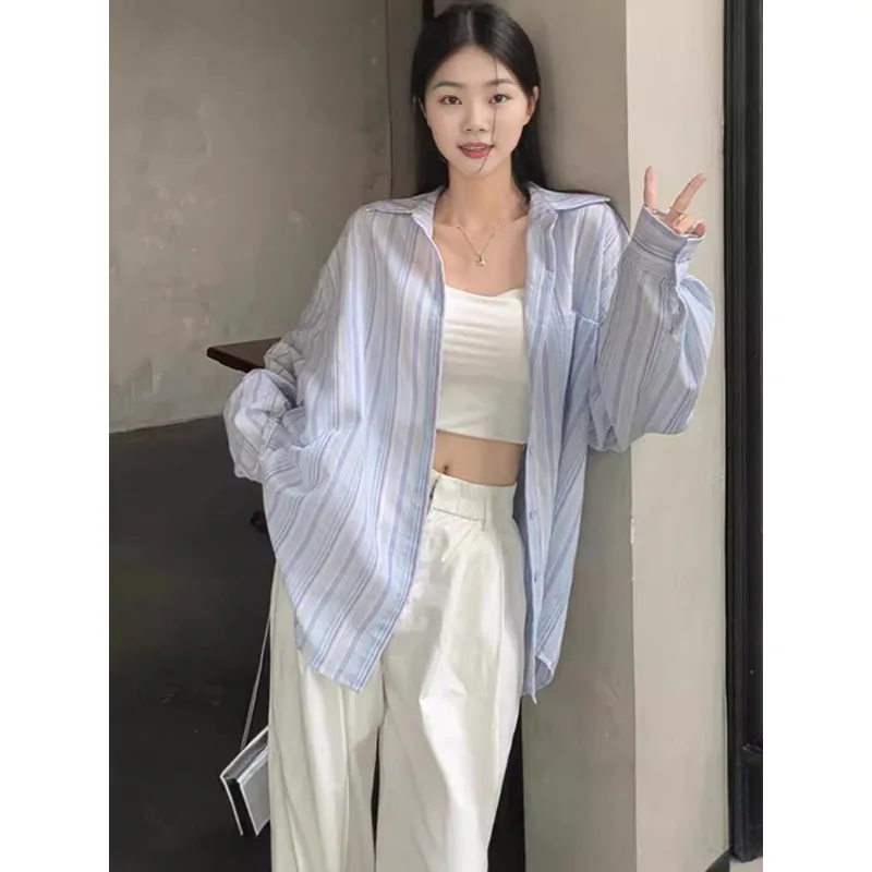 

Полосатая рубашка женская в корейском стиле, свободная блузка на пуговицах с длинными рукавами, женская осенняя новая уличная одежда, повседневные женские рубашки 2025
