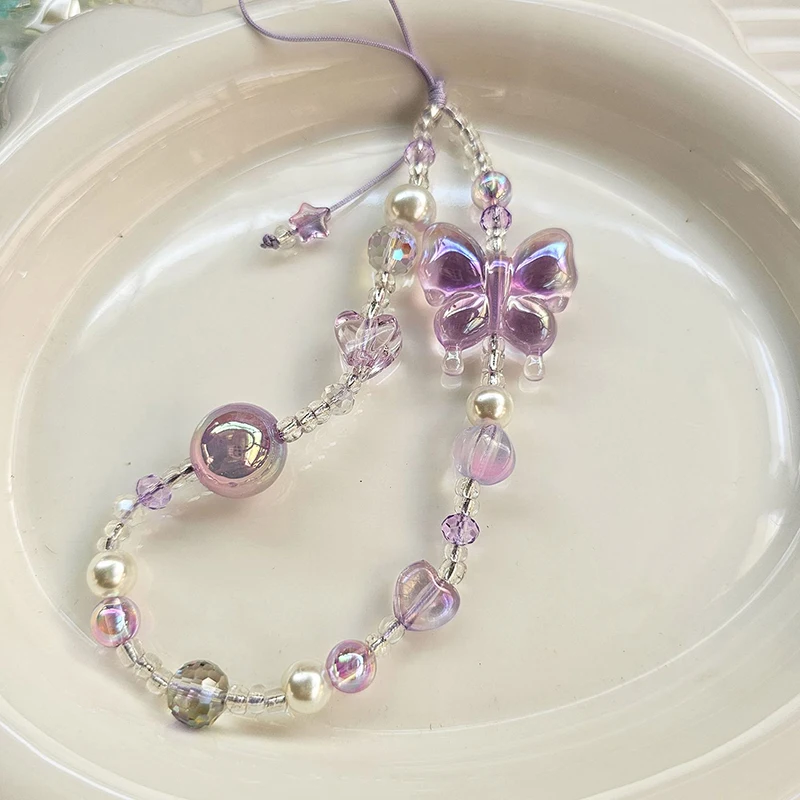 Light Purple Ins Style Y2K Heart Butterfly Pendant Phone Strap Charm Lanyard Anti Loss Keychain Camera Hanging Chain DIY Decor