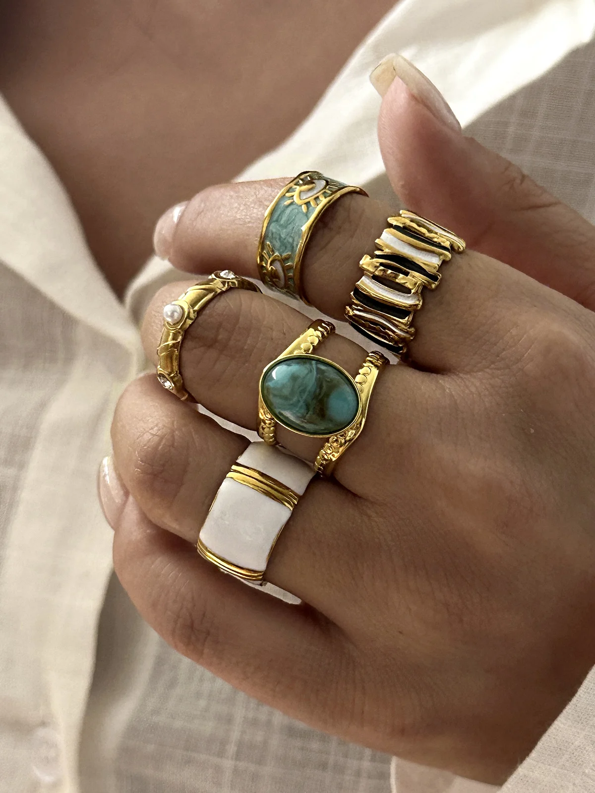 Adjustable Gold Plated Stainless Steel Double Layer Hollow Ring for Women Boho Oval Turquoise Stackable Open Ring Party Jewelry