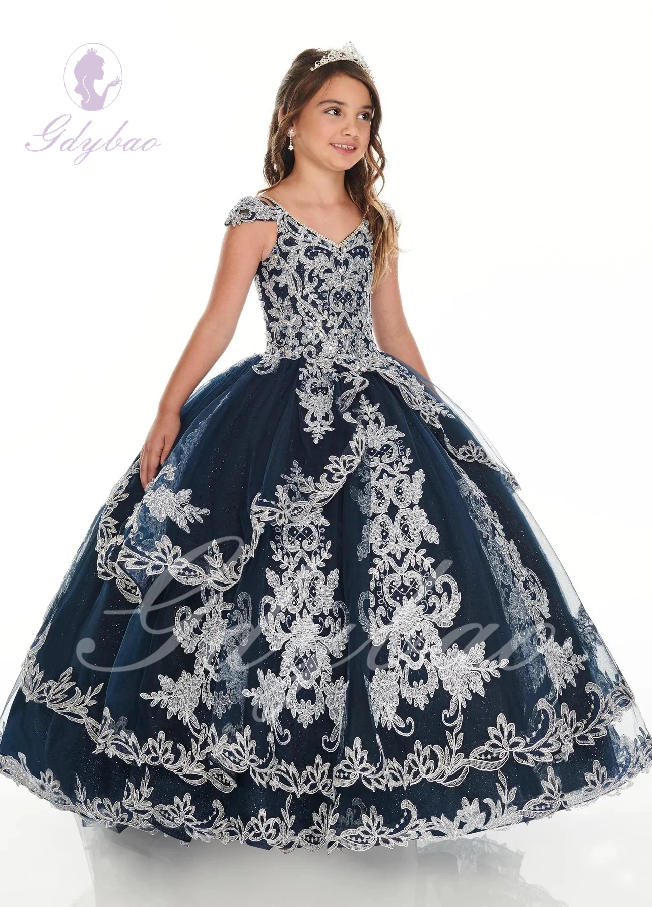 

Navy Blue Flower Girl Dress For Wedding Floor Length Gold Applique Tulle Puffy Kids Baby Pageant Elegant Kid Birthday Ball Gown