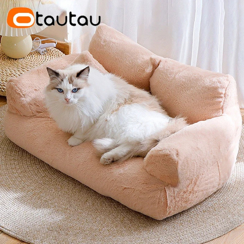 OTAUTAU Soft Faux Bunny Fur Cat Sofa Bed with 3D PP Cotton Filler Pet Couch Furniture Machine Washable SF189