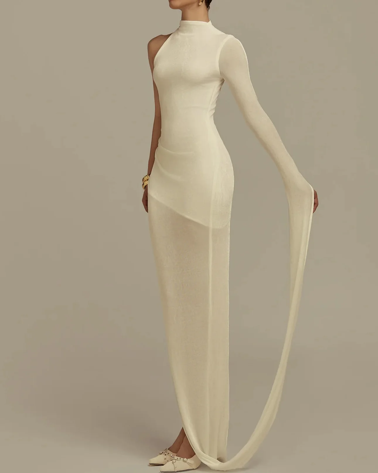 تخصيص الحديثة جيرسي مستقيم واحد الكتف مساء اللباس حساسة طويلة الأكمام عالية طوق الطابق طول فساتين المشاهير