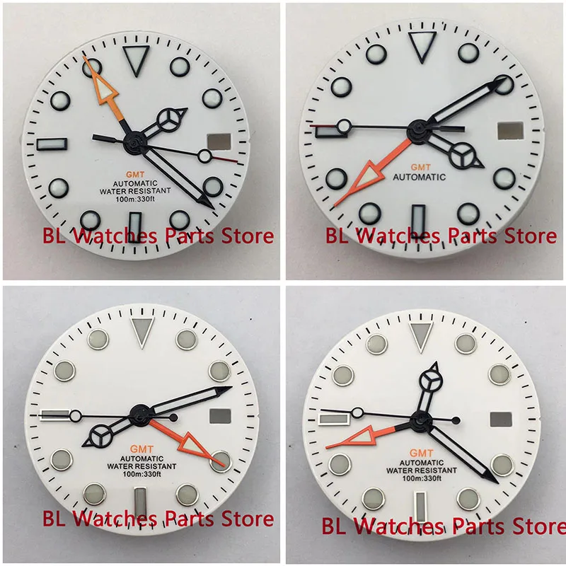 BL Watch Parts 31.5mm White Dial Fit GMT NH34A Movement Orange GMT Black Automatic Green Luminous Mark Hand With 3 O'clock Crown