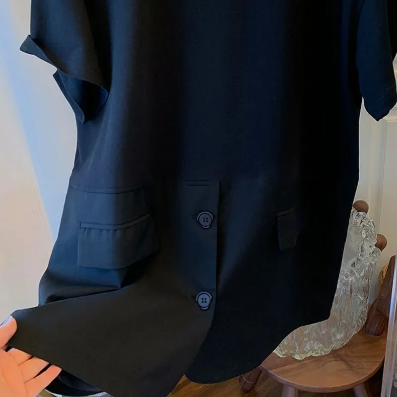 프랑스 디자인 페이크 투피스 티셔츠 드레스 여성용 여름 루즈핏 미디 기장 반팔