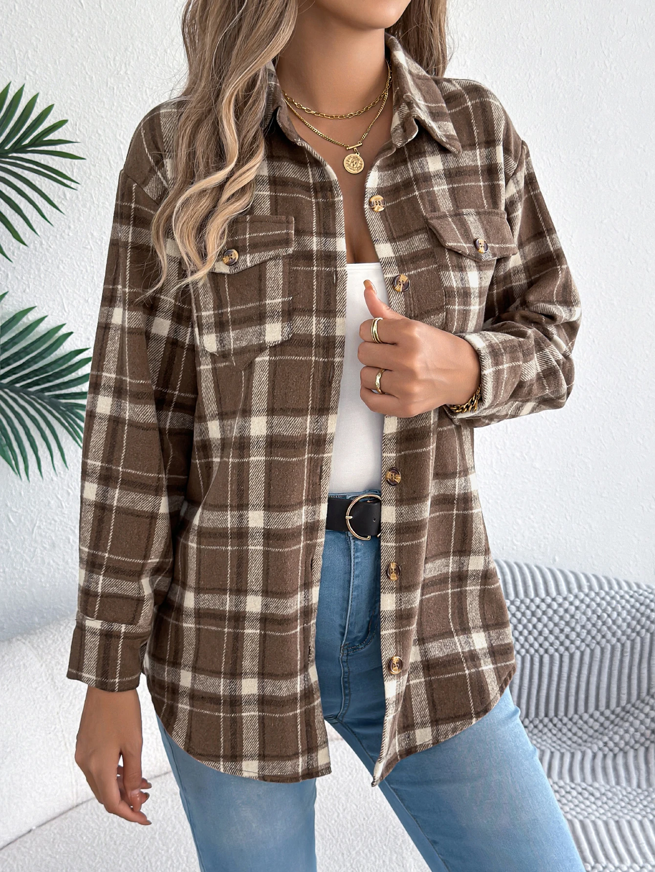 Women's Plaid Color Block Shacket Notched Collar Button Front Flap Pockets Long Sleeve Lodge Core Winter Coat Jacket