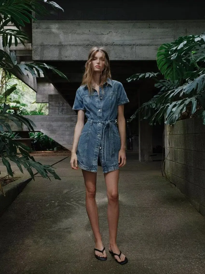 Summer New Women's Dress Collared Short Sleeve Waist-Cinched Denim Dress with Belt 18-25 Years Old Daily Wear Other Material