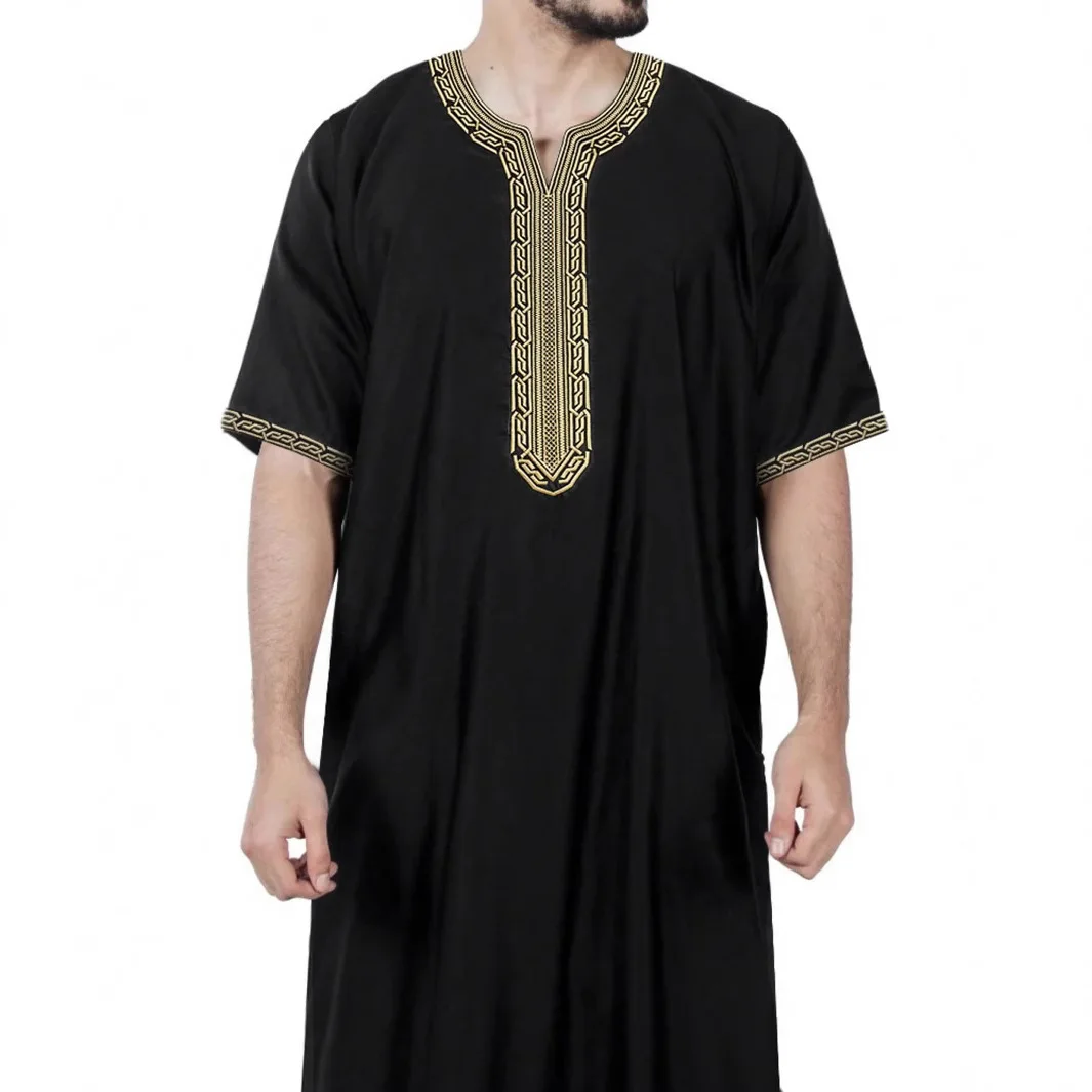 

2025 Muslim Robe Short Sleeve Embroidered Robe Moroccan Men's Robe with Side Pockets Abaya Ramadan Dubai Luxury Islam Elegant