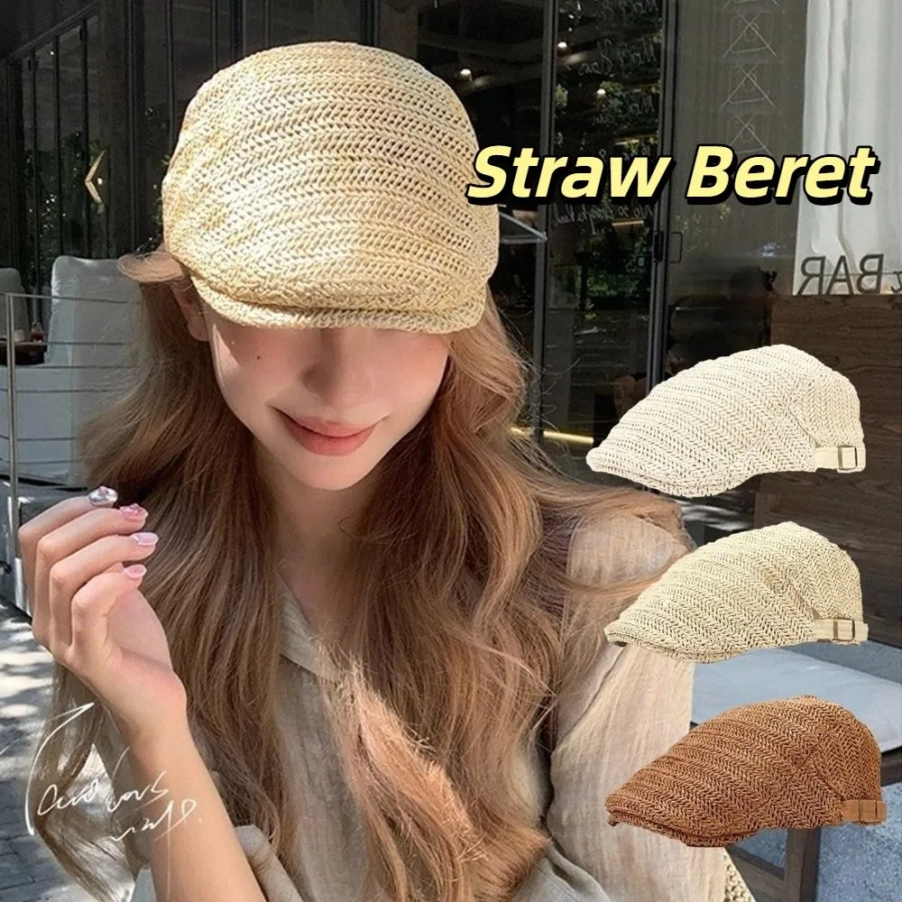 

Breathable Hollow Straw Beret Flat Vacation Straw Newsboy Cap Beach Adjust Painter Beret Men Women