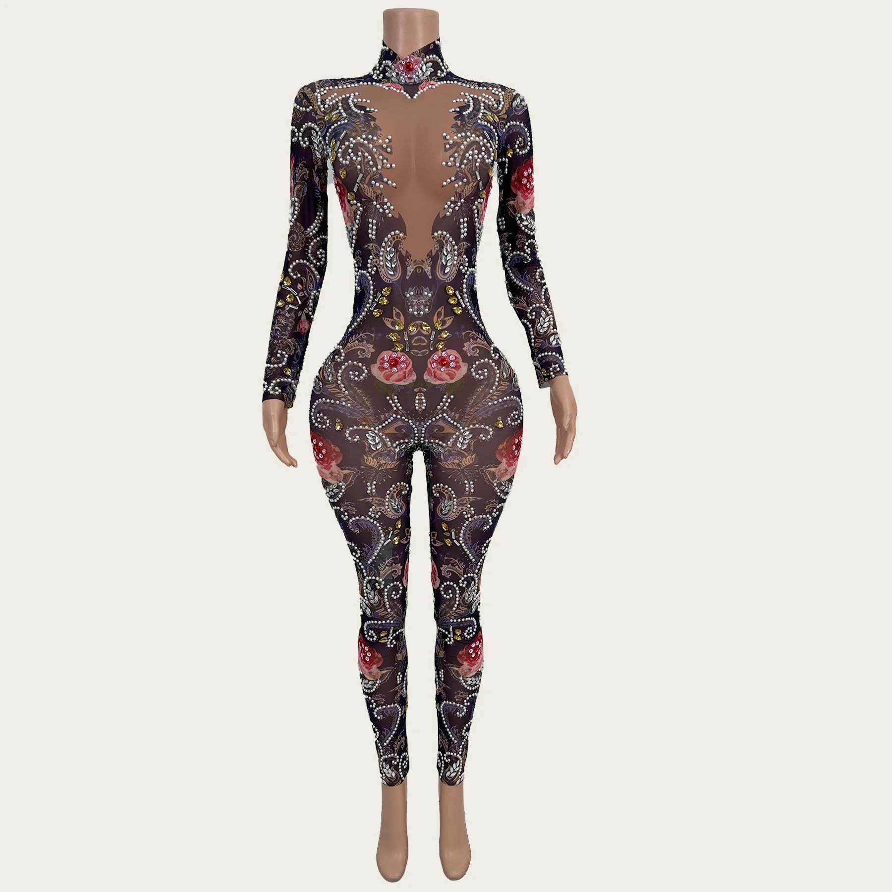 Women Printing Pearls Jumpsuit Sparkly Rhinestone Nightclub Evening Party Outfit Singer Dancer Show Costume Stage Wear Meiguiku