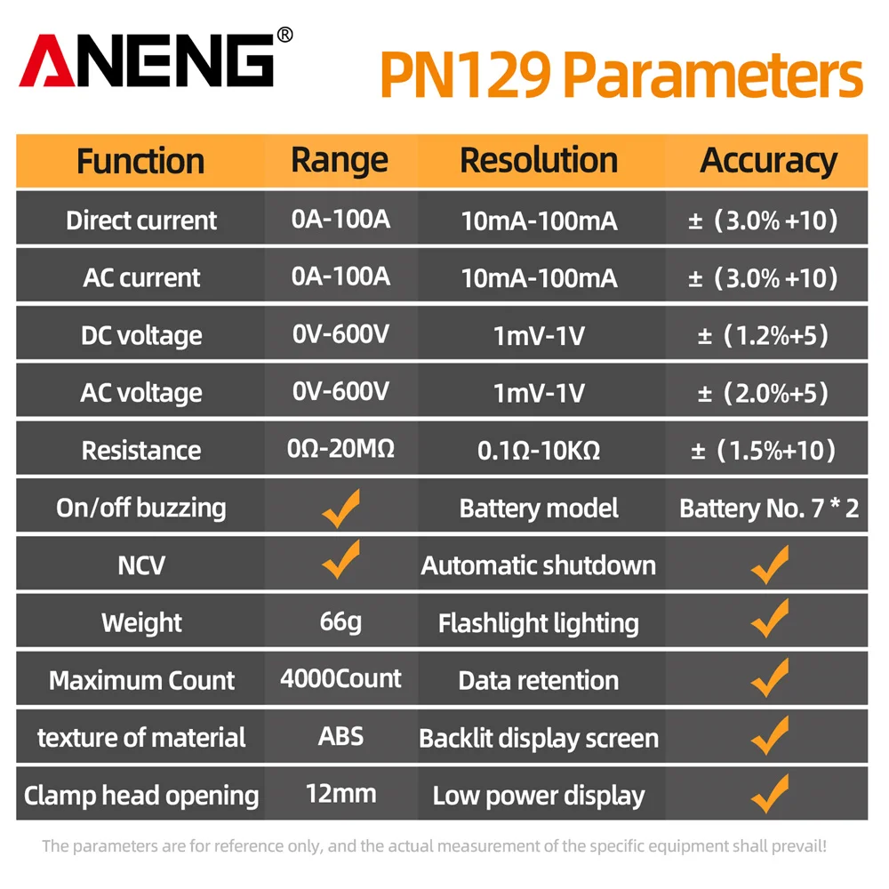 ANENG PN129/PN130 Clamp Meter U-shaped 4000 Counts Resistance Pliers Tester AC/DC Voltage Current Tools