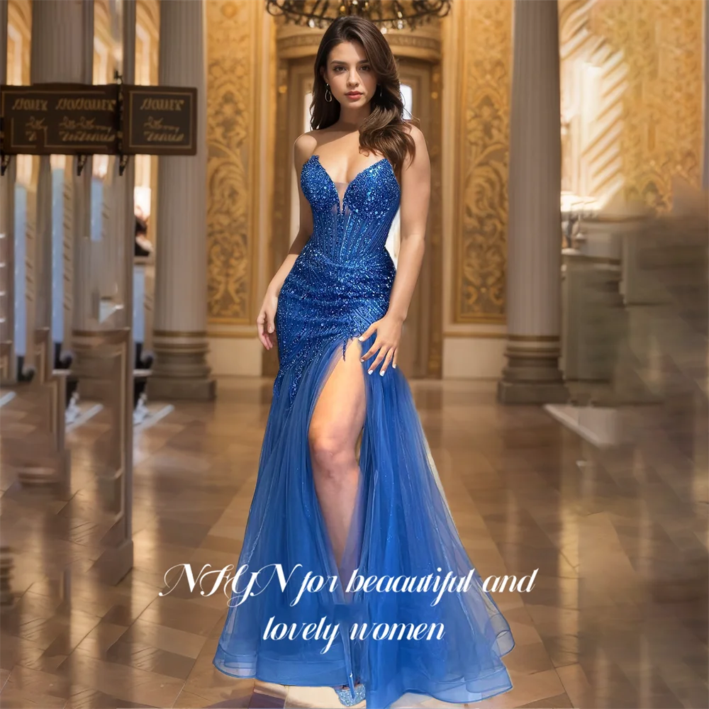 

NFYN Blue Strapless Shiny Formal Party Gown Lace Women's Evening Dress Mermaid Sequin Celebrity Dresses with Split Customized