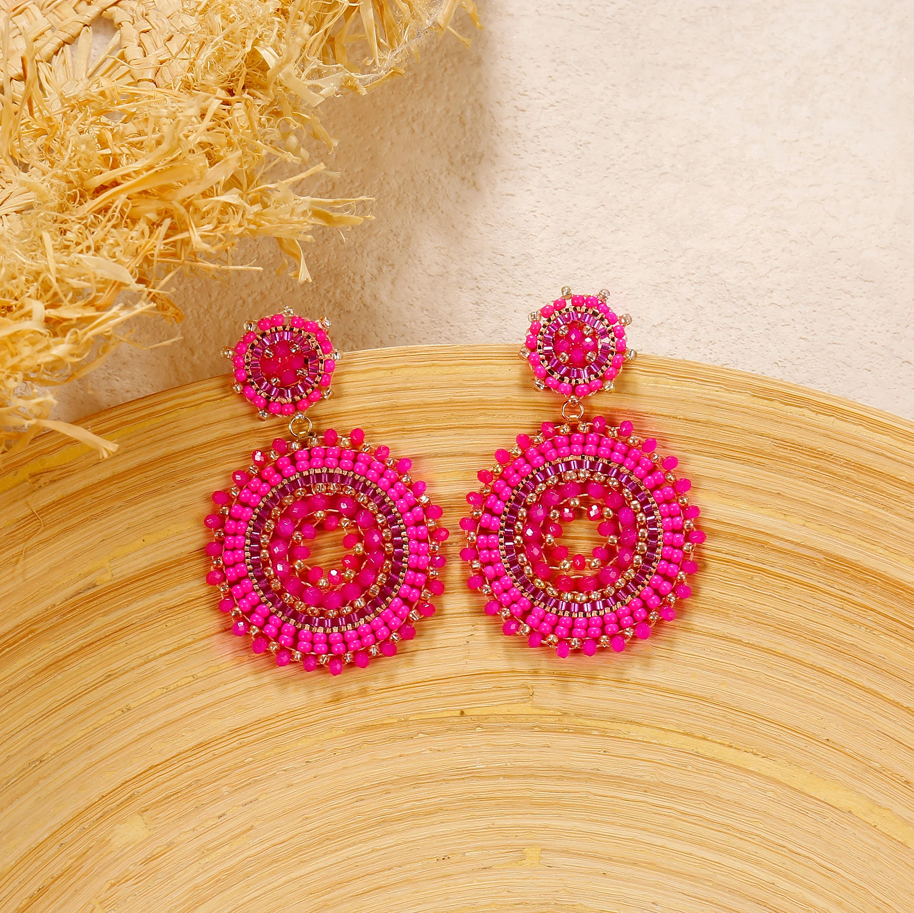 Colorful Seed Beads Round Woven Earrings for Women Luxury Boho Handmade Crystal Big Dangle Earrings Bohemian Jewelry Gifts view 5